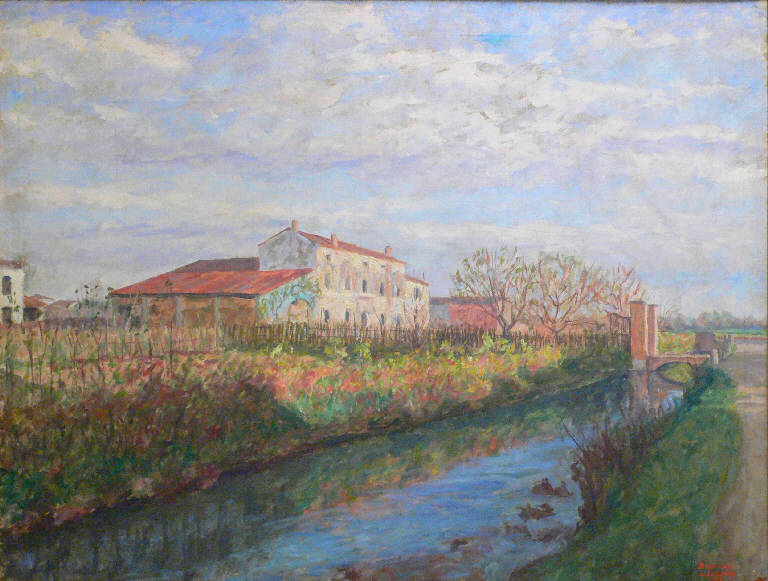 Il torrente, Paesaggio fluviale (dipinto) di Bresciani Archimede da Gazoldo (sec. XX)