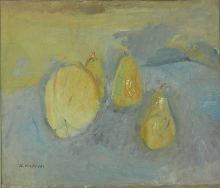 Pere e melone, NATURA MORTA CON FRUTTA (dipinto) di Marini Oreste (sec. XX)