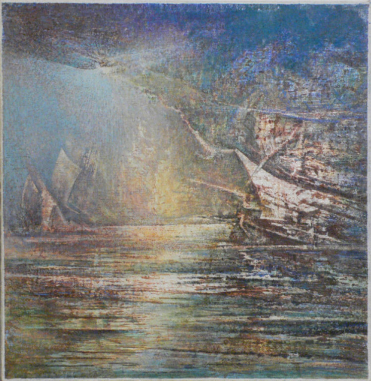 Vascello di luce, Marina con navi (dipinto) di Emiliani Renzo (sec. XX)