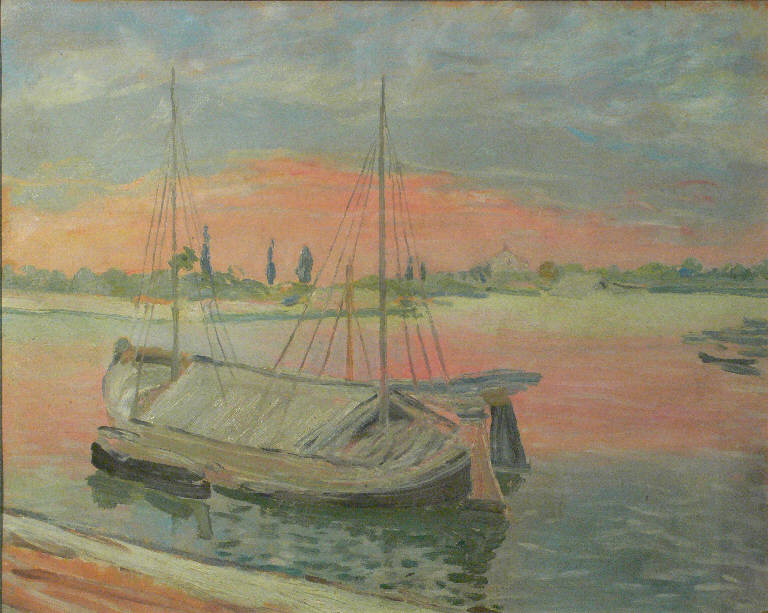 Barche sul Mincio, Marina con barche (dipinto) di Facciotto Giuseppe (terzo quarto sec. XX)