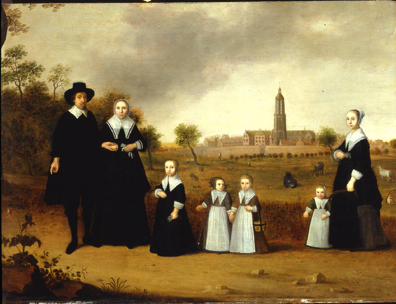 Famiglia in un paesaggio presso Rhenen, Ritratto di famiglia in un paesaggio presso Rhenen (dipinto) di Willaerts Cornelis - ambito olandese (metà sec. XVII)