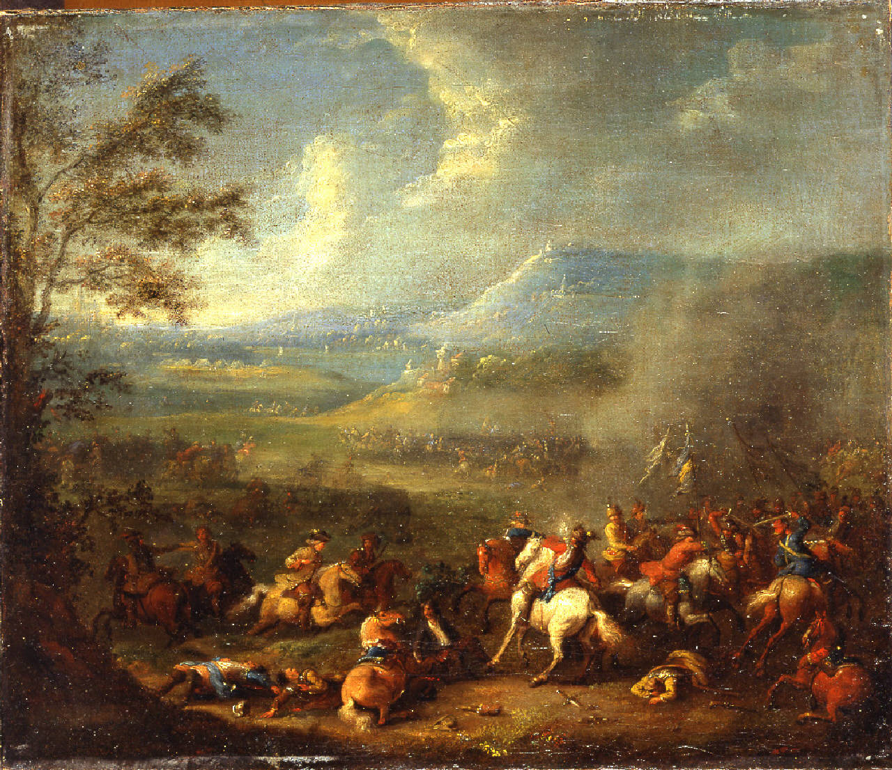 Battaglia equestre, Battaglia tra cavalieri con albero sulla sinistra (dipinto) di Bredael Jan Frans van - ambito fiammingo (primo quarto sec. XVIII)