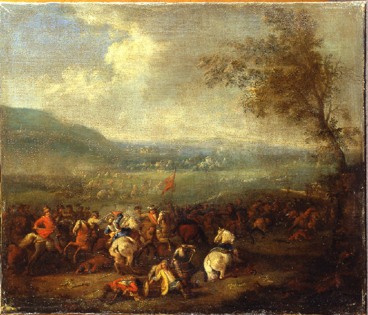 Battaglia equestre, Battaglia tra cavalieri con albero sulla destra (dipinto) di Bredael Jan Frans van - ambito fiammingo (primo quarto sec. XVIII)