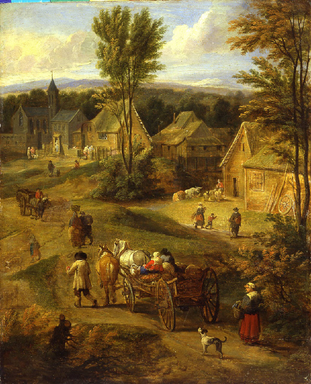 Paesaggio estivo, Paesaggio con figure in cammino lungo una strada di villaggio ed altre intente in attività agricole (dipinto) di Michau Theobald - ambito fiammingo (sec. XVIII)