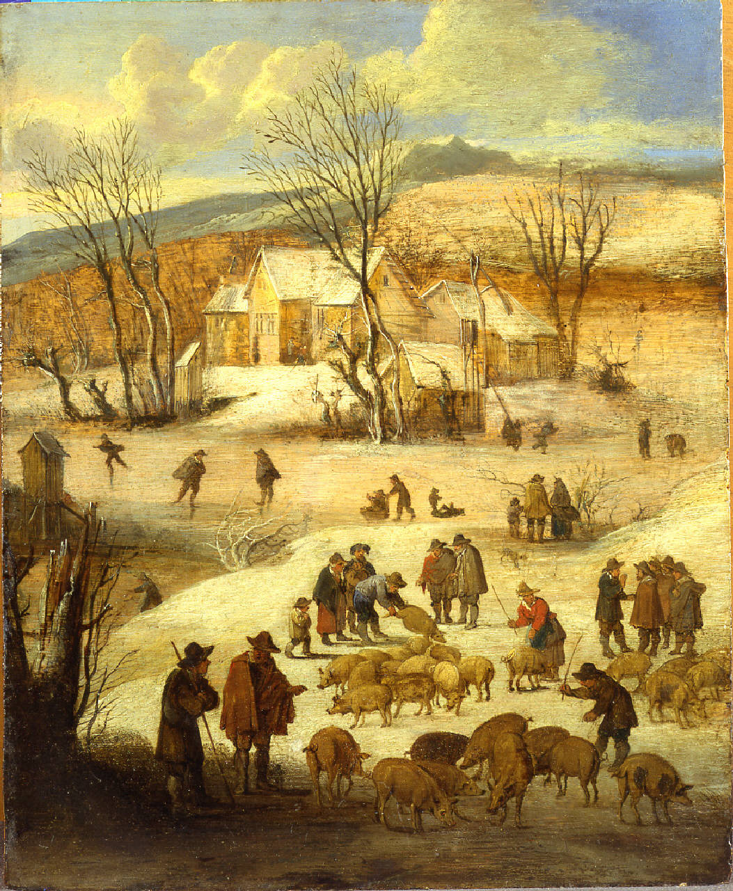 Paesaggio invernale, Paesaggio invernale con pattinatori e mandriani (dipinto) di Michau Theobald - ambito fiammingo (sec. XVIII)
