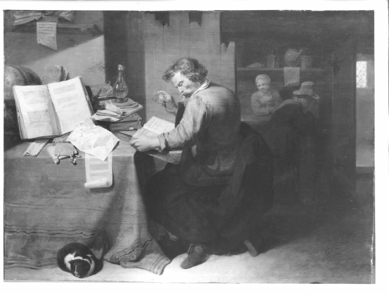 L'alchimista, Figura di alchimista in lettura all'interno del suo laboratorio (dipinto) di Ryckaert David III - ambito fiammingo (metà sec. XVII)