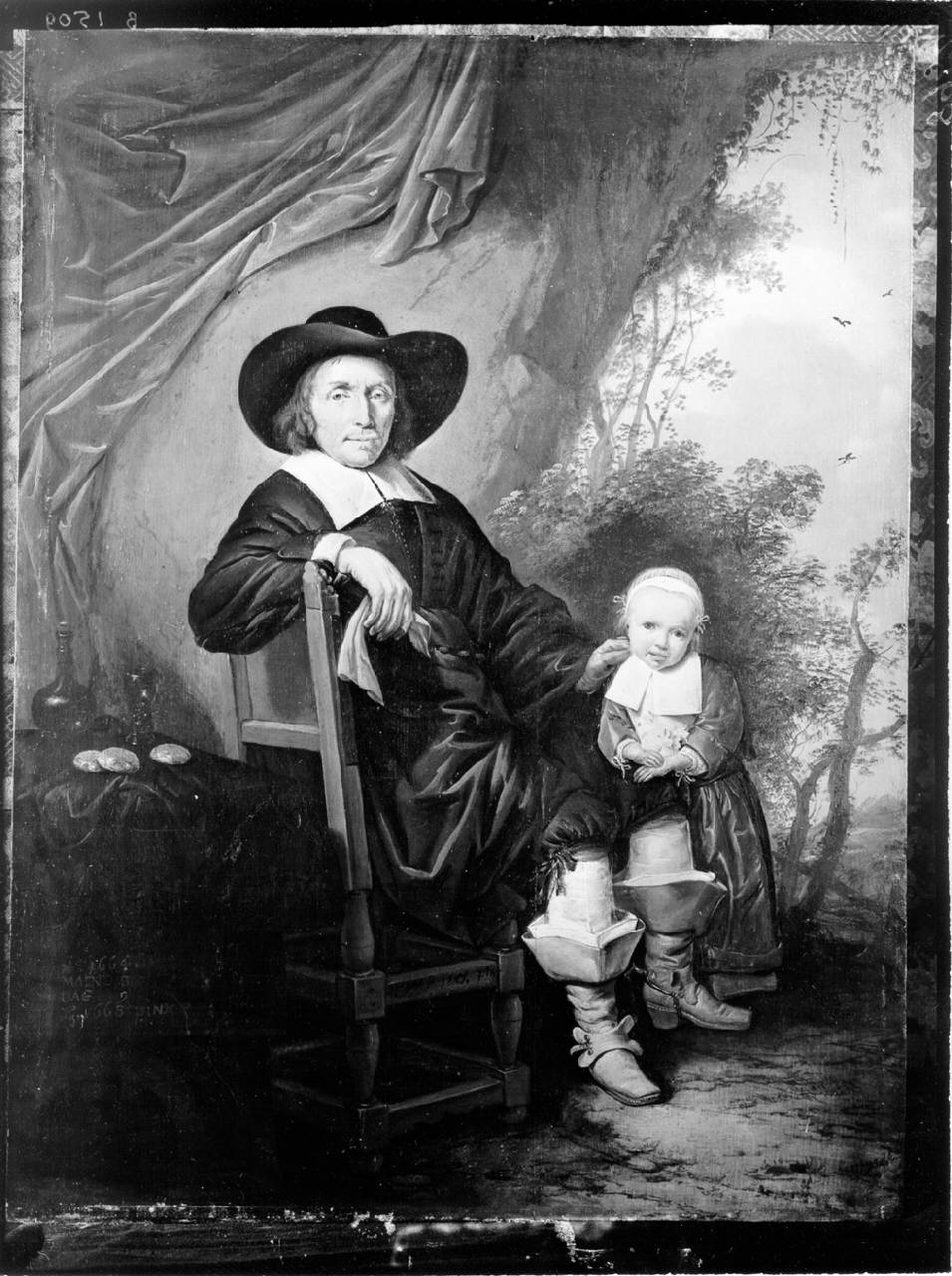Ritratto di un uomo seduto con la figlia, Ritratto di uomo seduto e bambina in piedi all'aperto (dipinto) di Wet Gerrit de - ambito olandese (terzo quarto sec. XVII)