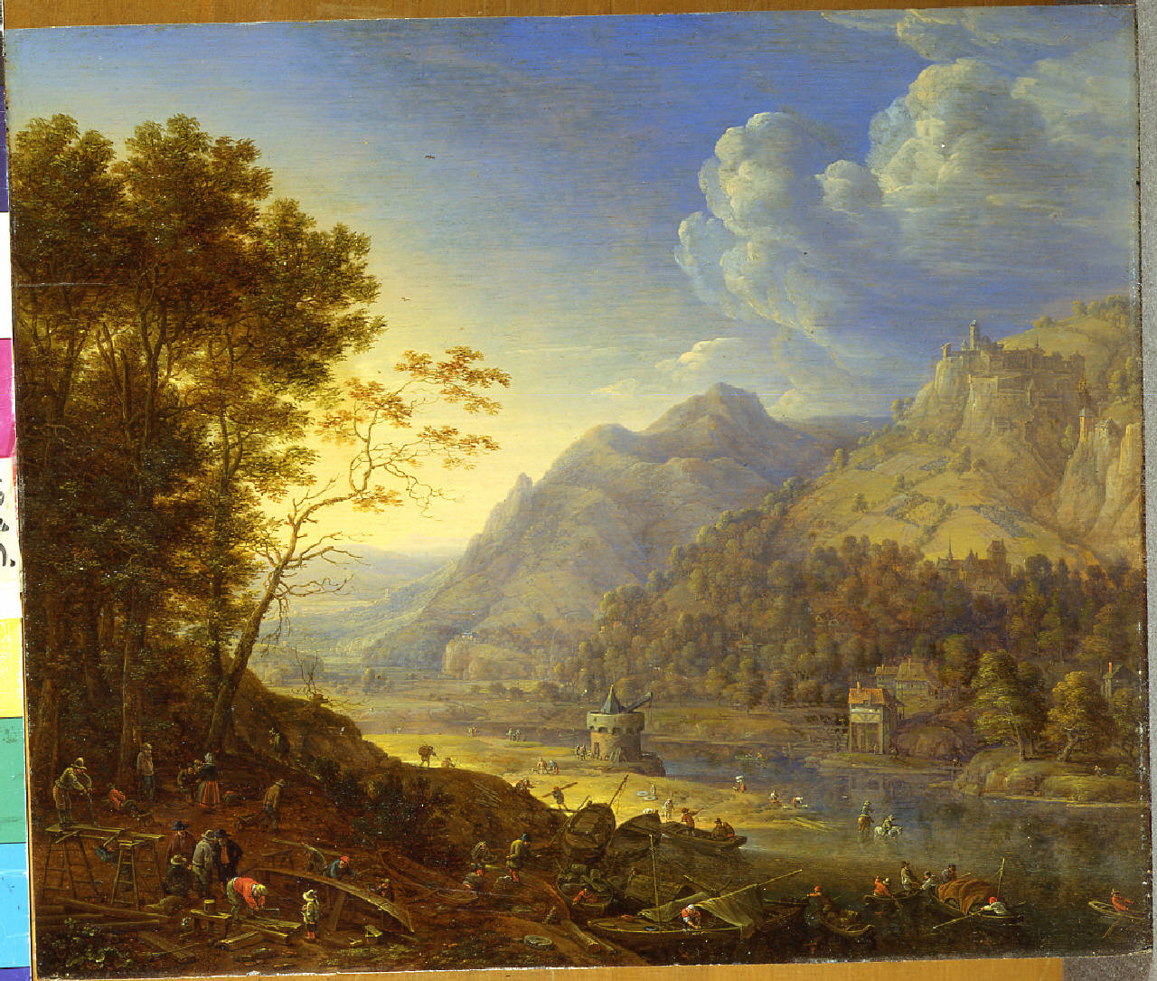 Paesaggio con figure e barche presso un fiume, Paesaggio renano con cantiere e attivita' fluviali (dipinto) di Saftleven Herman - ambito olandese (metà sec. XVII)