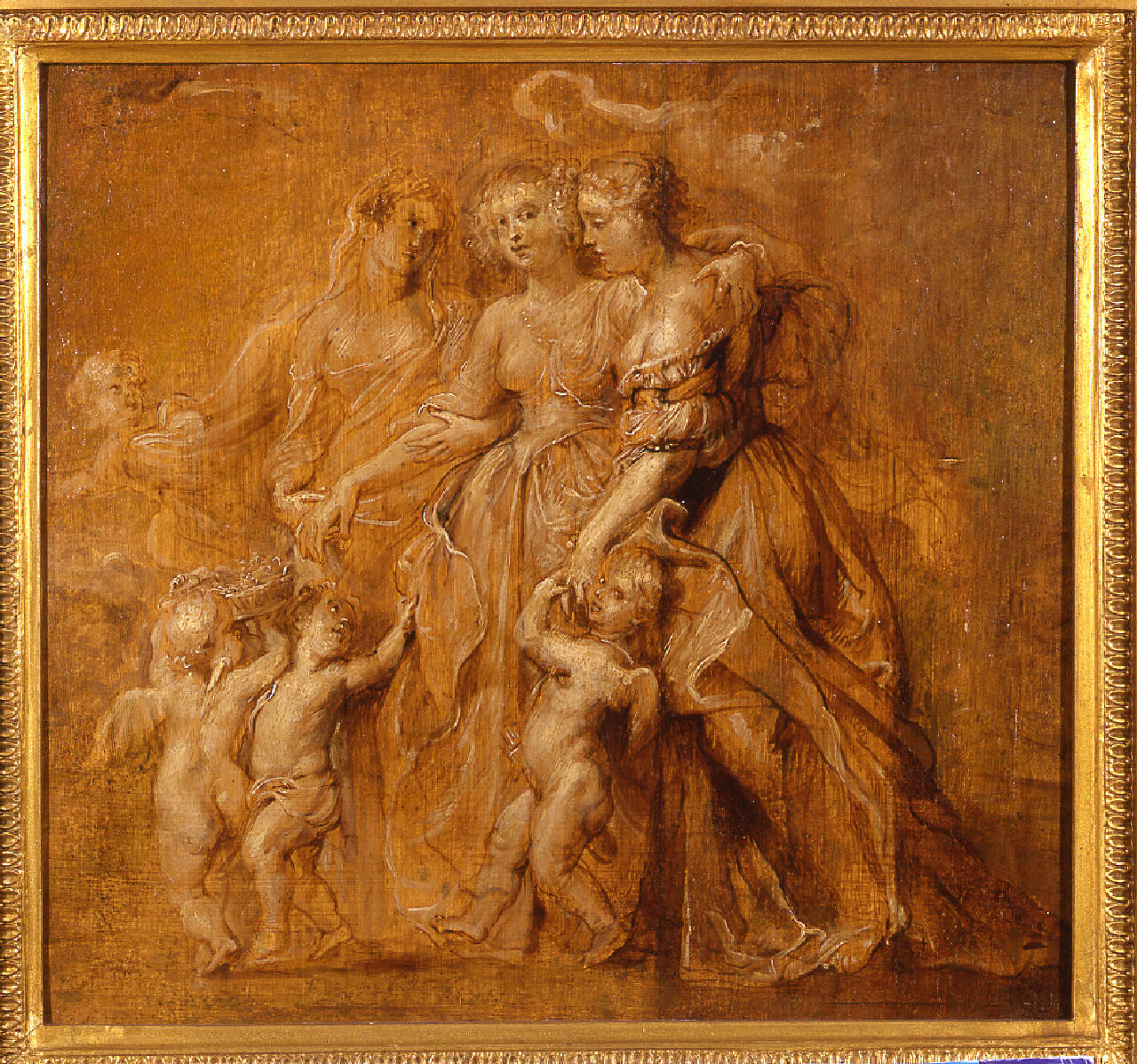 Tre donne con puttini all'aperto, Figure di tre giovani donne e puttini (dipinto) di Rubens Petrus Paul - ambito fiammingo (secondo quarto sec. XVII)