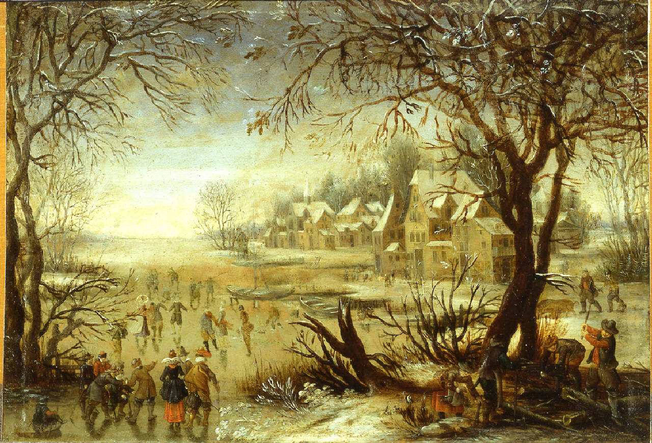 Paesaggio invernale con fiume ghiacciato nei pressi di un villaggio, Paesaggio invernale con figure lungo un fiume ghiacciato nei pressi di un villaggio (dipinto) di Momper Joos de II (cerchia) - ambito fiammingo (prima metà sec. XVII)