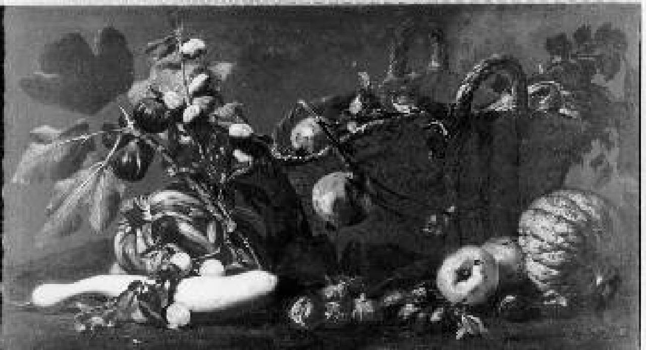 Natura morta con cesto di paglia, frutti e vegetali, Natura morta con frutta e vegetali (dipinto) di Del Tintore Simone - ambito lucchese (seconda metà sec. XVII)
