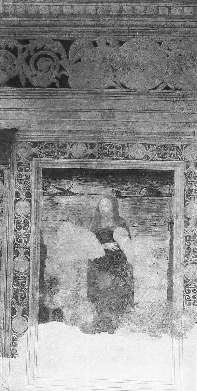 Allegoria femminile con strumento musicale a corda, Figura femminile con strumento musicale (decorazione parietale) di Pittore lombardo - ambito lombardo (inizio sec. XVI)