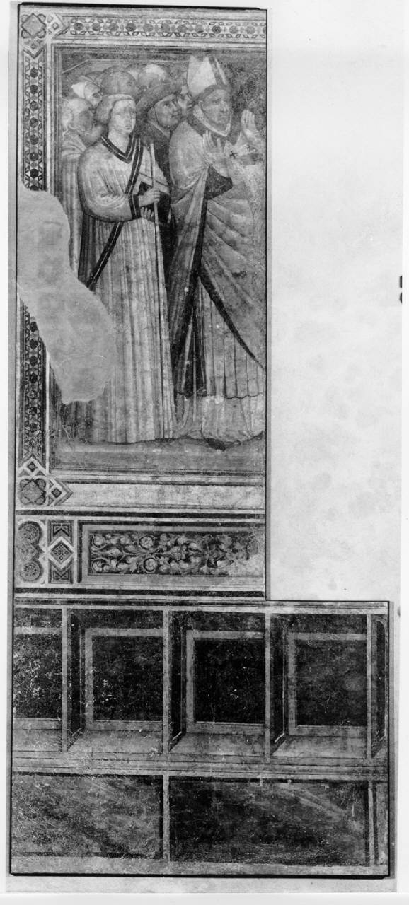 Frammento di scena con un vescovo e un gruppo di figure, Figura di vescovo e figure (dipinto) di Maestro delle Storie di San Giovanni - ambito milanese (seconda metà sec. XIV)