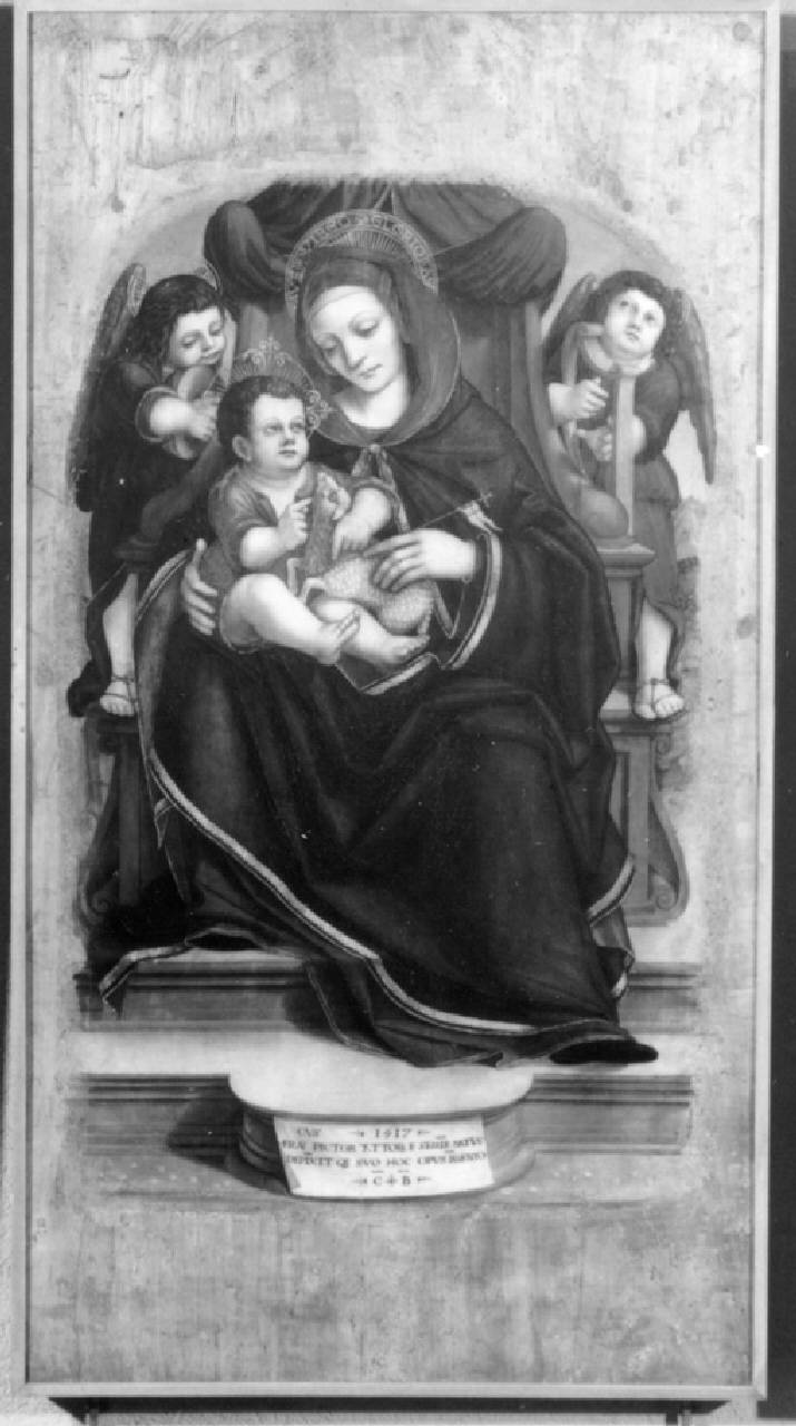 Madonna in trono col Bambino, Madonna in trono con Gesù Bambino e angeli (scomparto di polittico dipinto) di Francesco de' Tatti - ambito lombardo (sec. XVI)