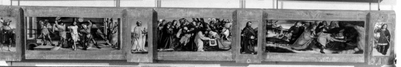 San Rocco; Flagellazione; San Pietro Apostolo; Andata al Calvario; San Paolo; Deposizione di Cristo nel sepolcro; Sant'Antonino da Piacenza (predella) di Francesco de' Tatti - ambito lombardo (sec. XVI)