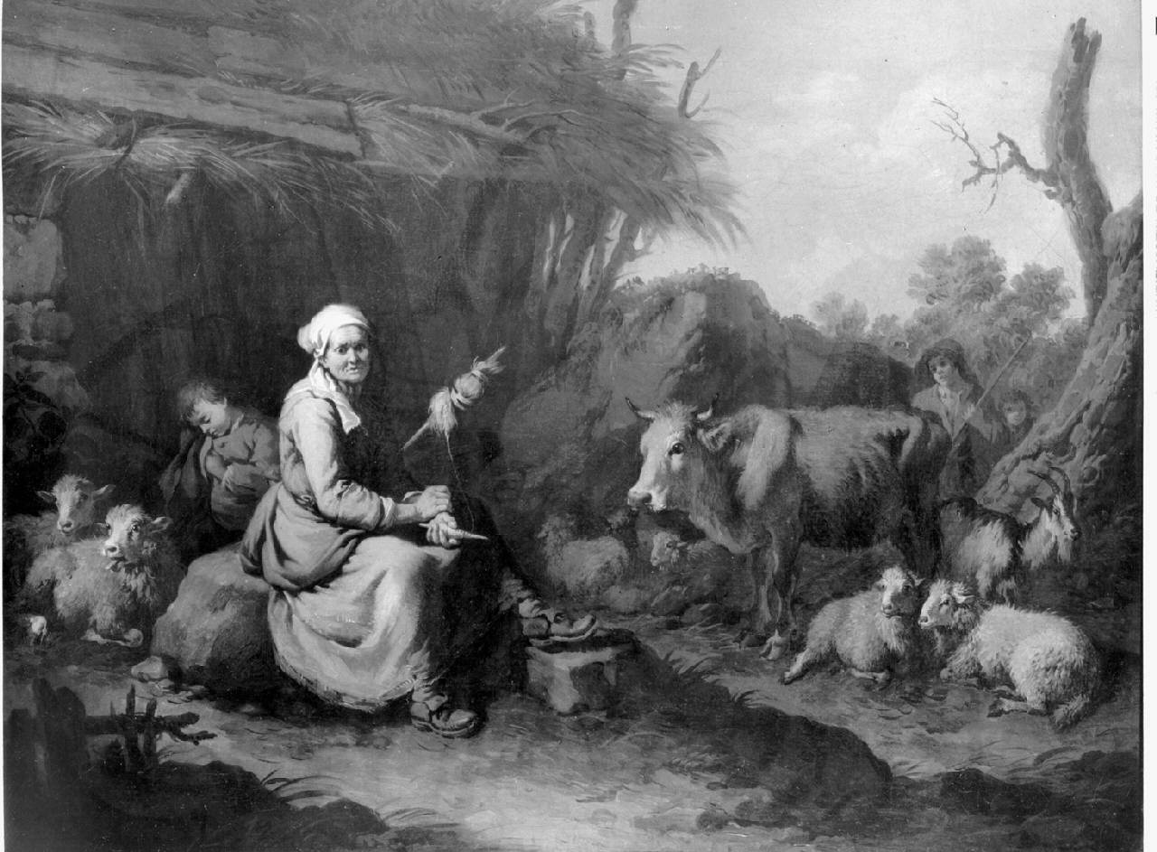 Vecchia contadina filatrice accanto al bestiame, Scena pastorale (dipinto) di Londonio Francesco - ambito milanese (seconda metà sec. XVIII)