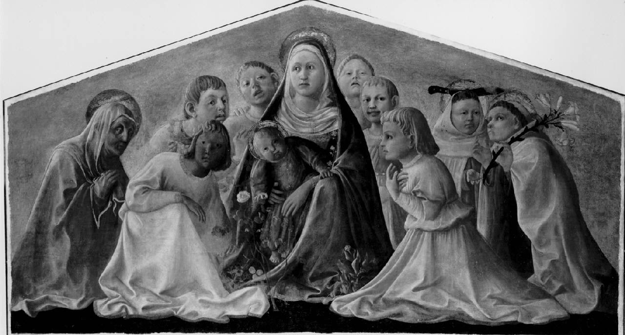 Madonna col Bambino, santi e giovinetti, Madonna con Bambino e Santi (dipinto) di Lippi Filippo - ambito fiorentino (secondo quarto sec. XV)