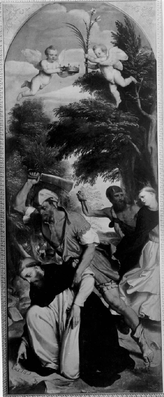 Martirio di San Pietro da Verona, Martirio di San Pietro da Verona (dipinto) di Moroni Giovan Battista - ambito bergamasco (metà sec. XVI)