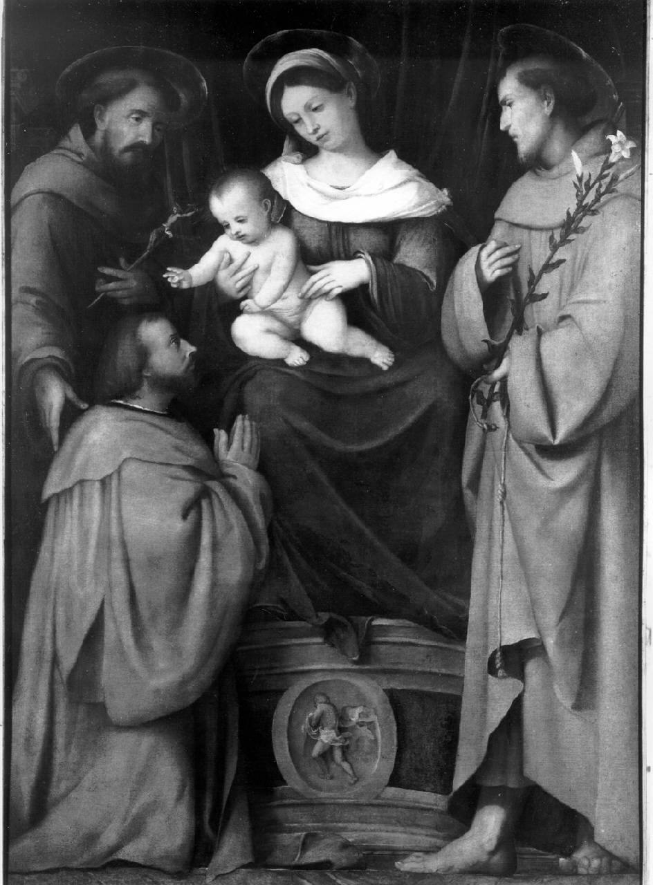 La Madonna in trono col Bambino, i Santi Francesco e Antonio da Padova e un donatore, Madonna con Bambino in Trono con San Francesco, Sant'Antonio da Padova e un Donatore (dipinto) di Da Romano Girolamo detto Romanino - ambito bresciano (secondo quarto sec. XVI)