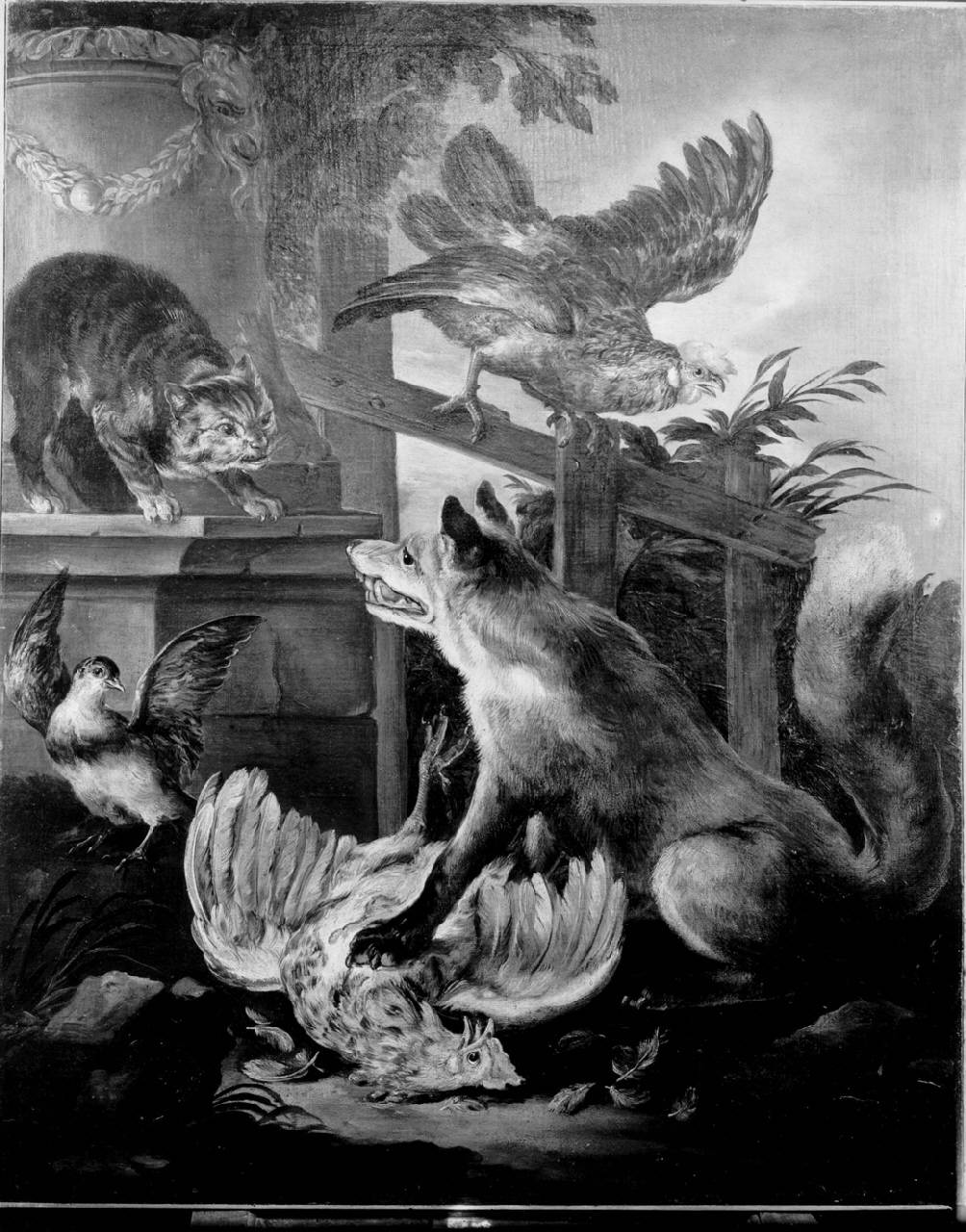 Volpe e gatto tra volatili, Animali da Cortile (dipinto) di Crivelli Angelo Maria detto Crivellone - ambito milanese (prima metà sec. XVIII)