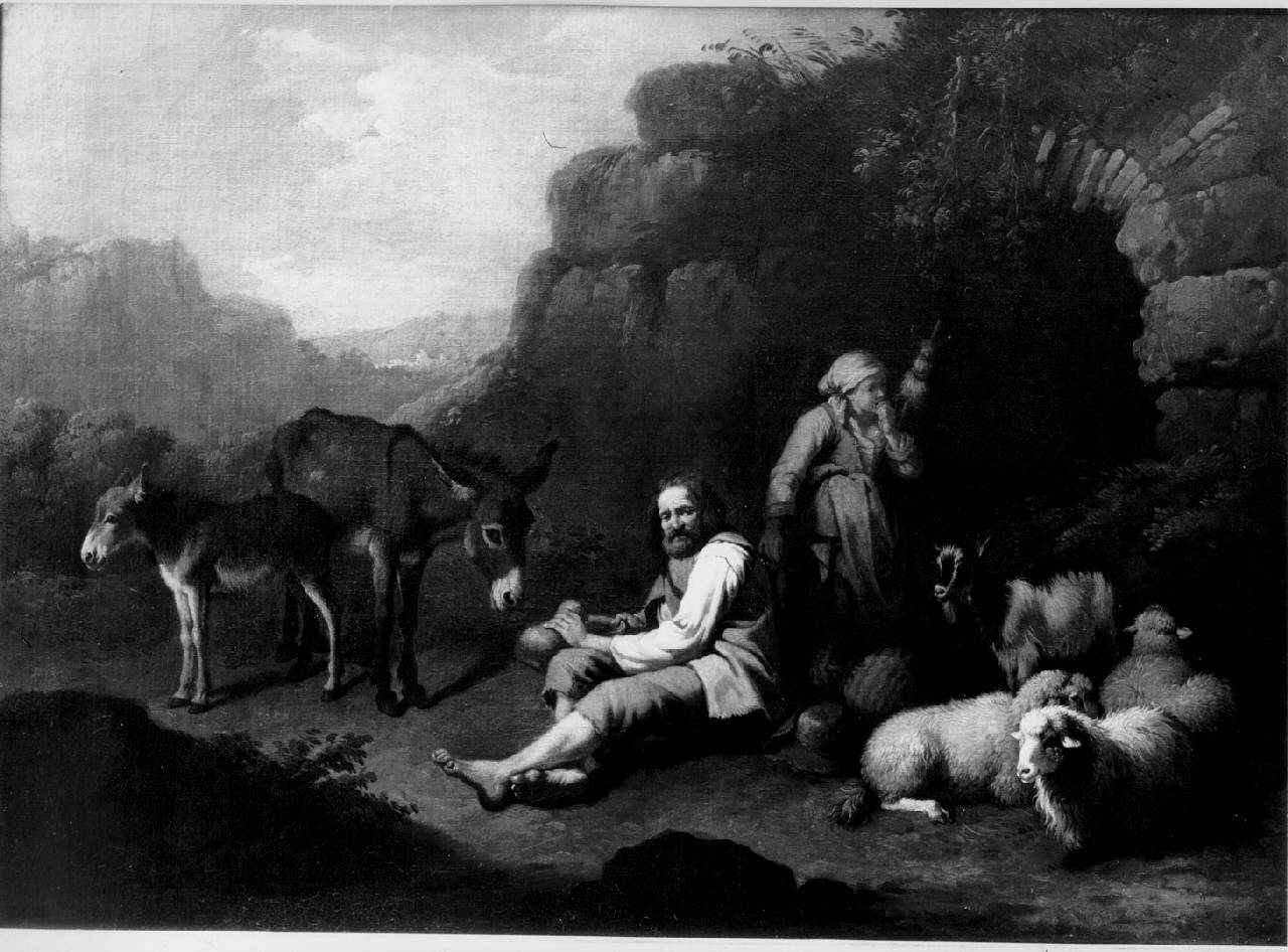 Pastore con pecore e asinelli, Scena pastorale (dipinto) di Londonio Francesco - ambito milanese (terzo quarto sec. XVIII)