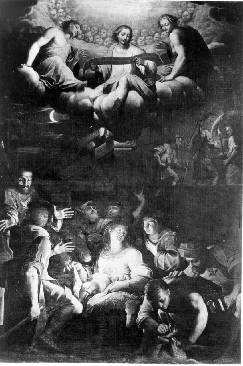 Adorazione dei pastori con Santa Chiara e San Francesco d'Assisi, Adorazione dei pastori (dipinto) di Trotti Giovanni Battista detto Malosso - ambito cremonese (fine sec. XVI)
