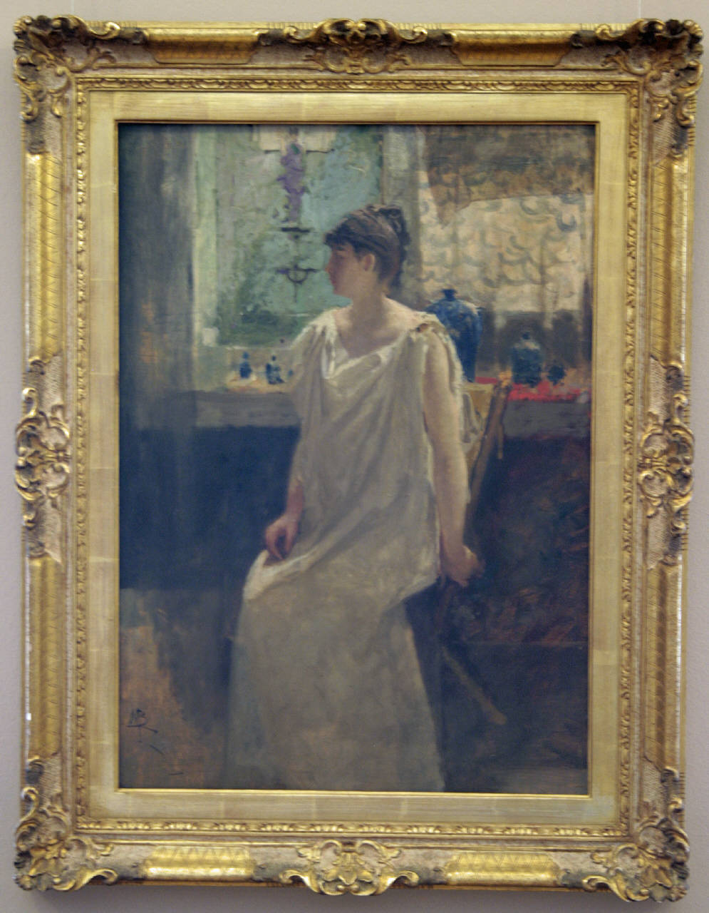 Intimità, donna giovane con tunica bianca (dipinto) di Bianchi Mosè (sec. XIX)