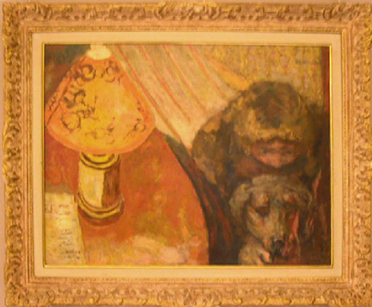 Interno (Alla luce della lampada), interno di stanza con figura e animale domestico (dipinto) di Bonnard Pierre (sec. XX)