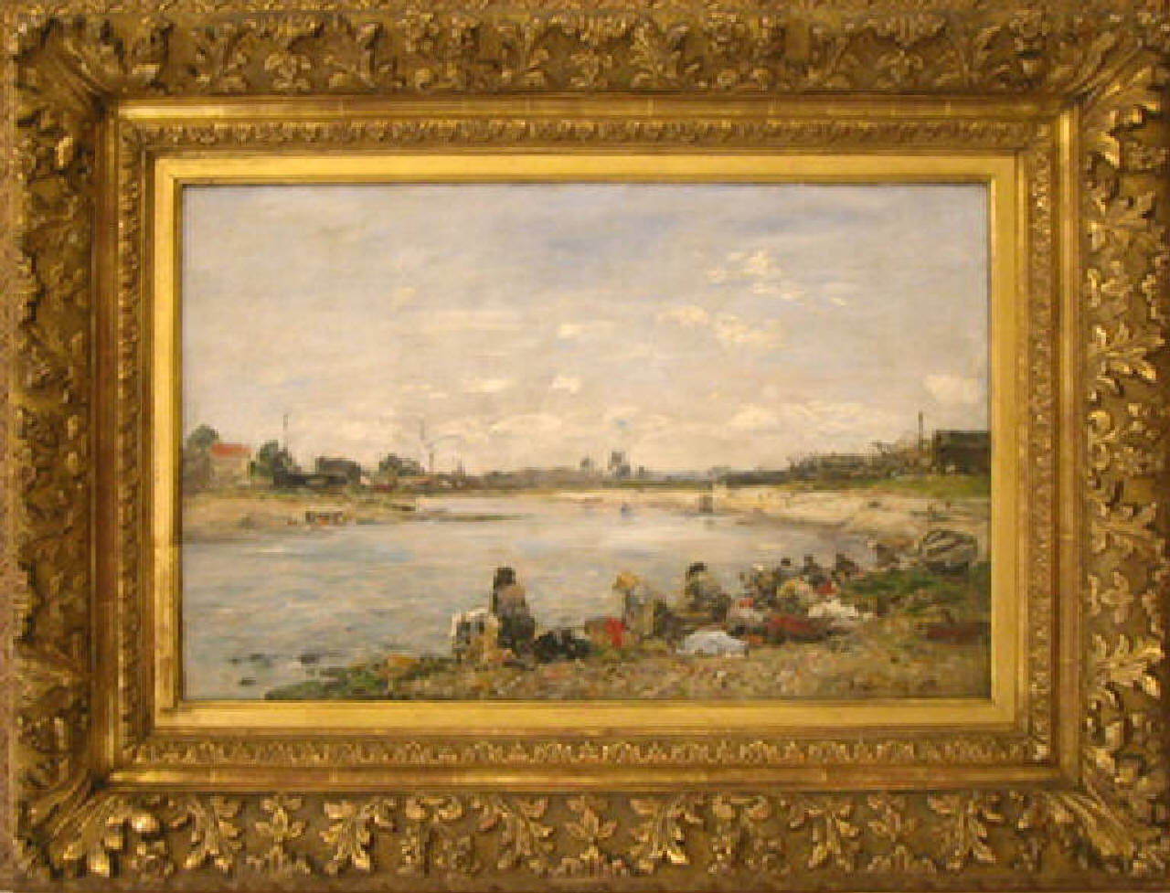 Lavandaie, fiume con lavandaie, barche e case (dipinto) di Boudin Eugène (sec. XIX)