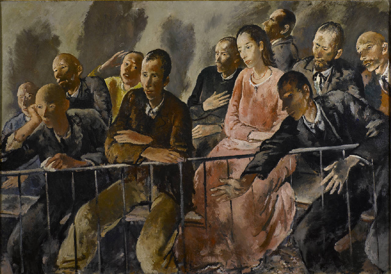 Teatro popolare, spettatori a teatro (dipinto) di Carena Felice (sec. XX)