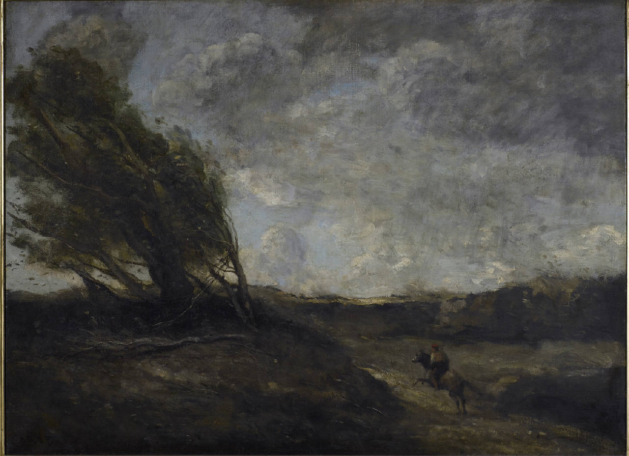 Le coup de vent, alberi e figura (dipinto) di Corot Jean Baptiste Camille (sec. XIX)