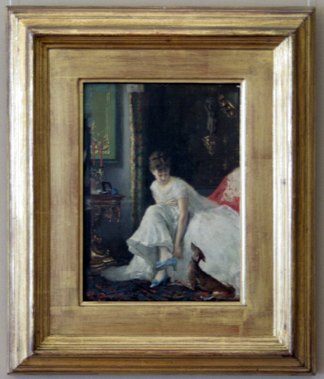 Signora in bianco, interno con giovane donna e cane (dipinto) di D'Ancona Vito (seconda metà sec. XIX)