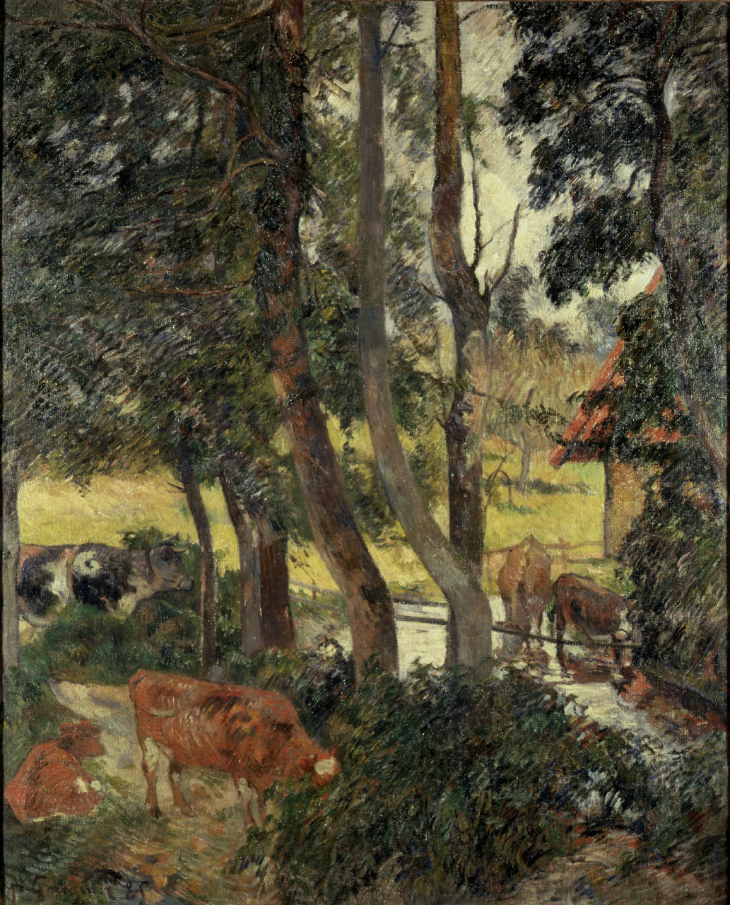 Paesaggio in Normandia - Vacche all'abbeveratoio, paesaggio (dipinto) di Gauguin Paul (sec. XIX)