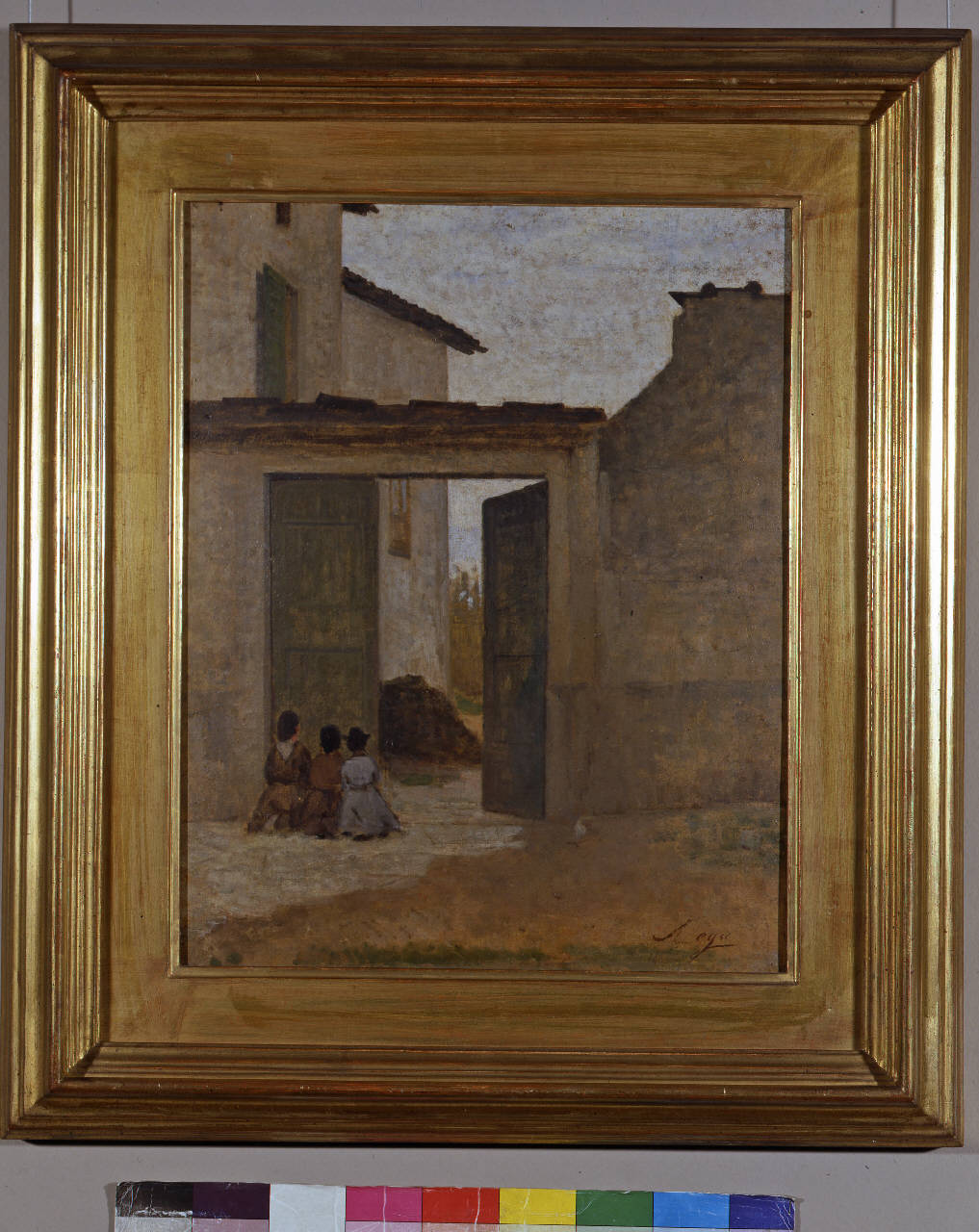 Passa il viatico, figure in interno di cortile (dipinto) di Lega Silvestro (sec. XIX)