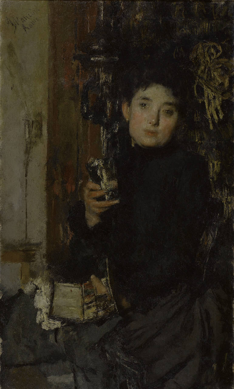La lacrima, figura di donna in un interno (dipinto) di Mancini Antonio (sec. XIX)
