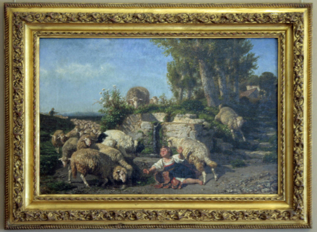 Agnelli e pecore alla fonte, bambini con animali (dipinto) di Palizzi Filippo (sec. XIX)