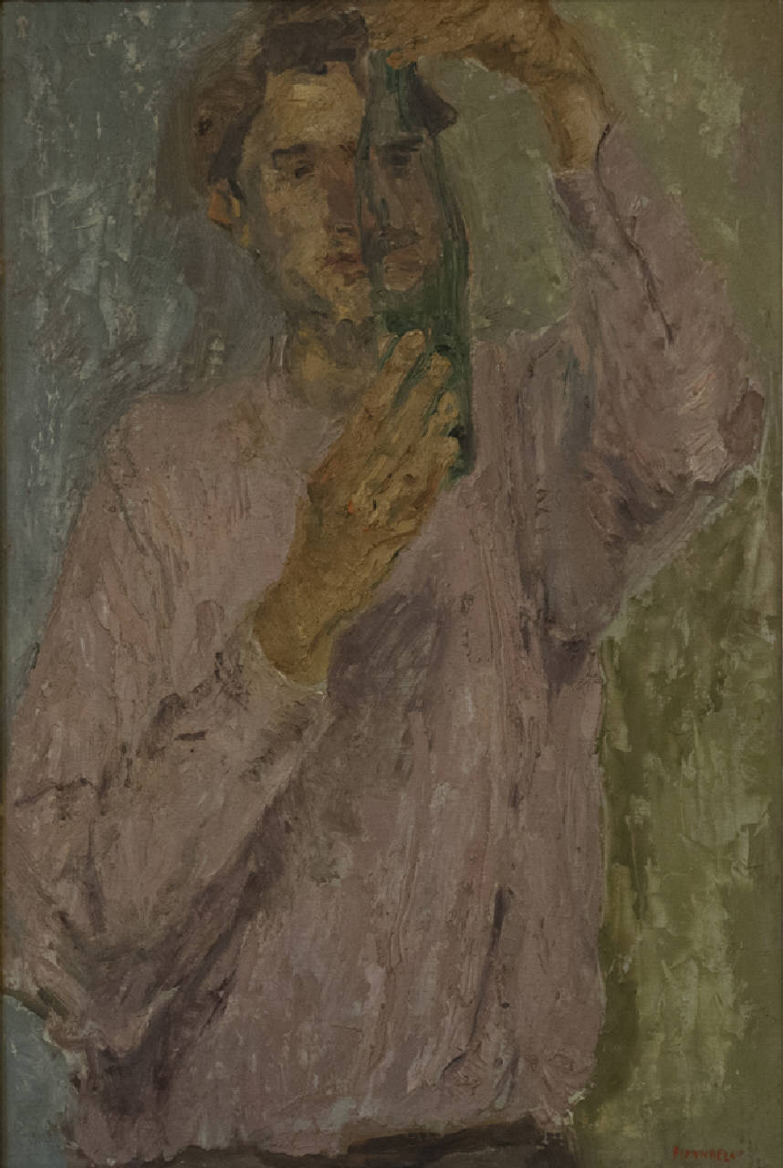 La bottiglia, figura maschile con bottiglia (dipinto) di Pirandello Fausto (sec. XX)