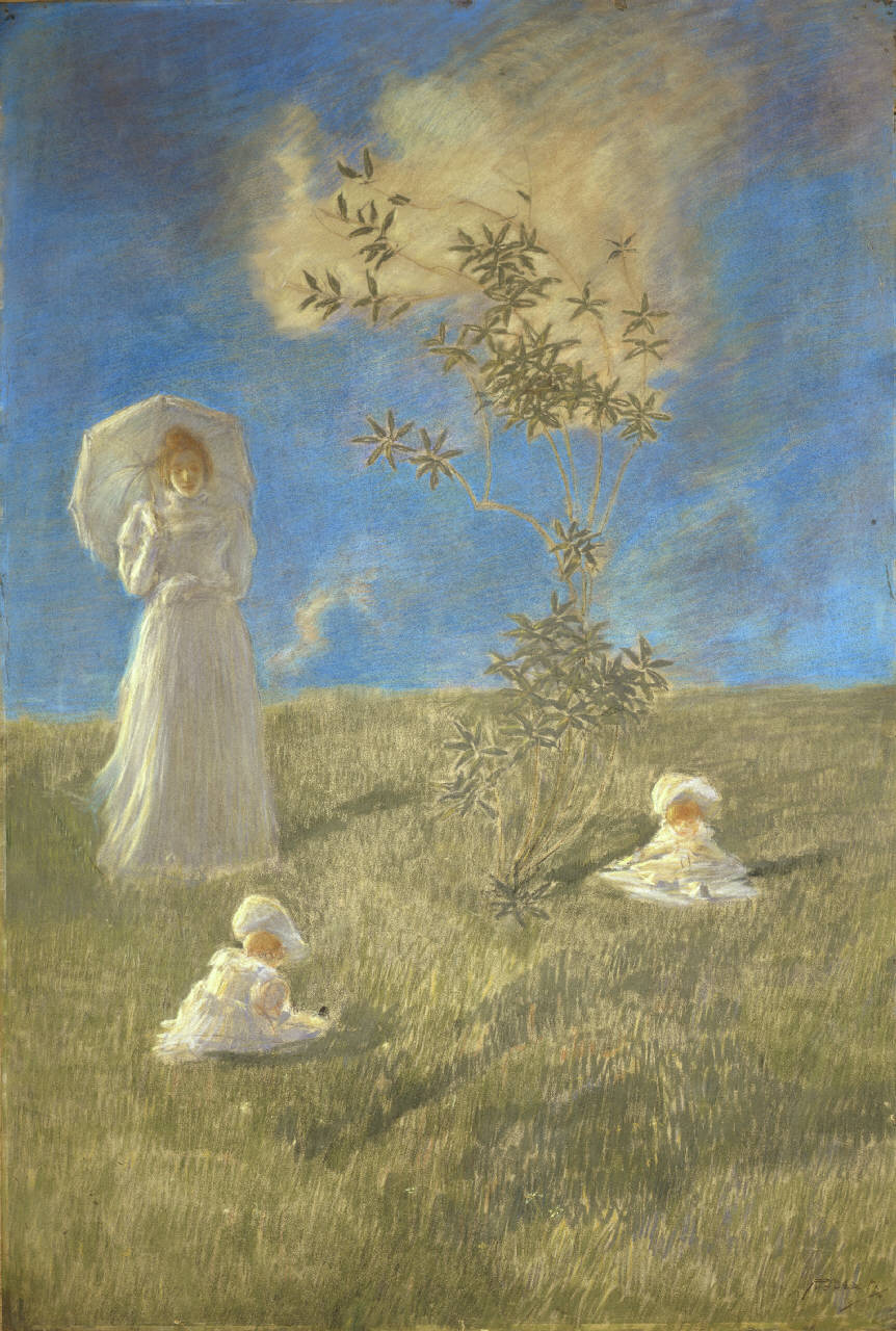 La quiete, paesaggio campestre con figure (dipinto) di Previati Gaetano (sec. XX)