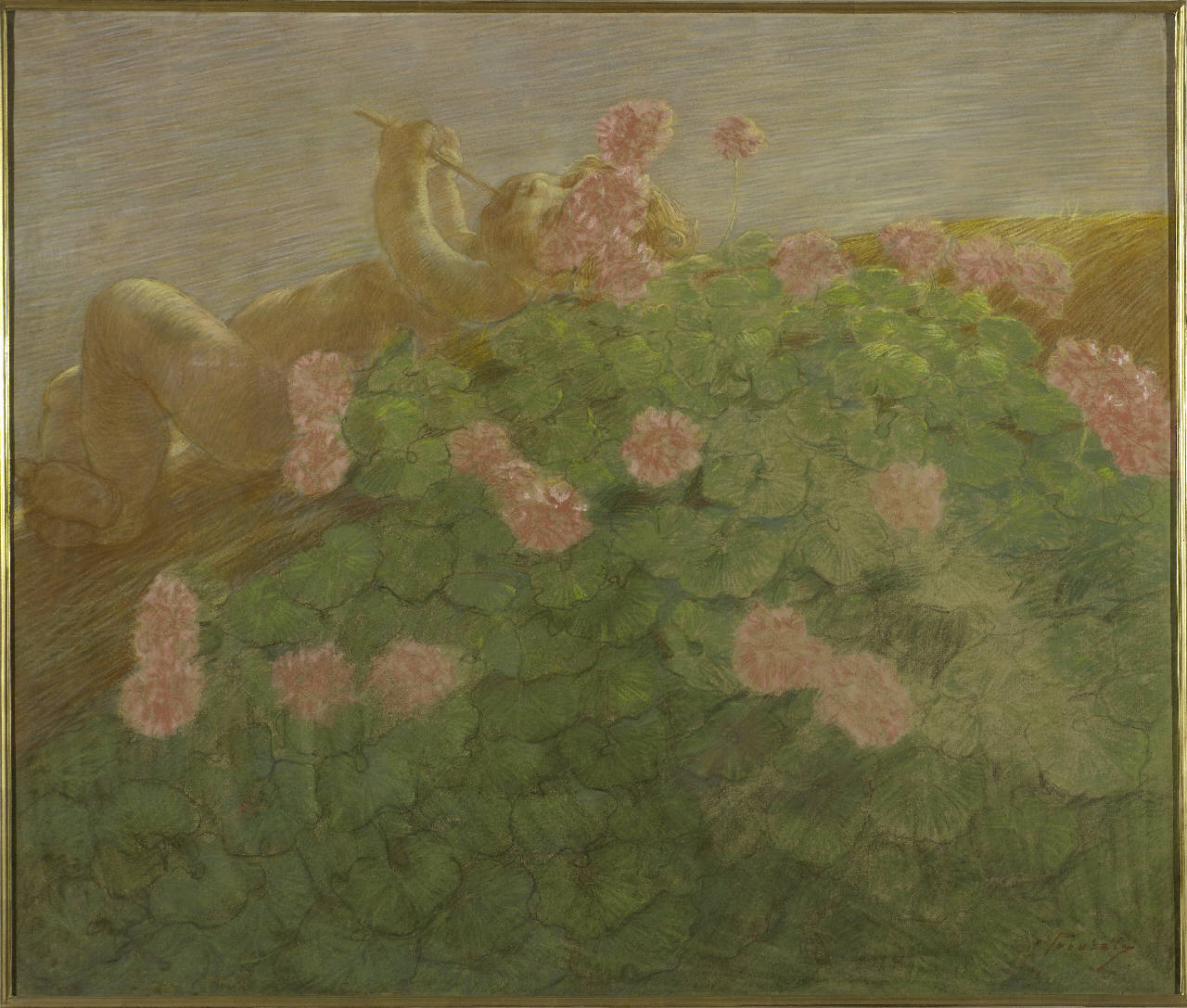 Putto tra i fiori, putto e fiori (dipinto) di Previati Gaetano (sec. XX)