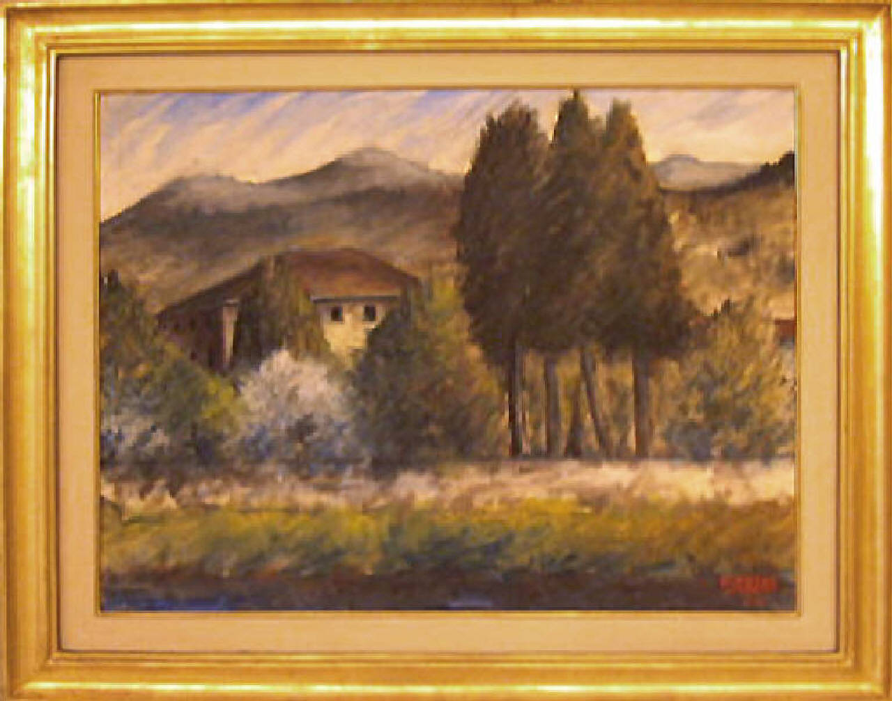 Paesaggio, paesaggio con alberi case e colline (dipinto) di Rosai Ottone (sec. XX)