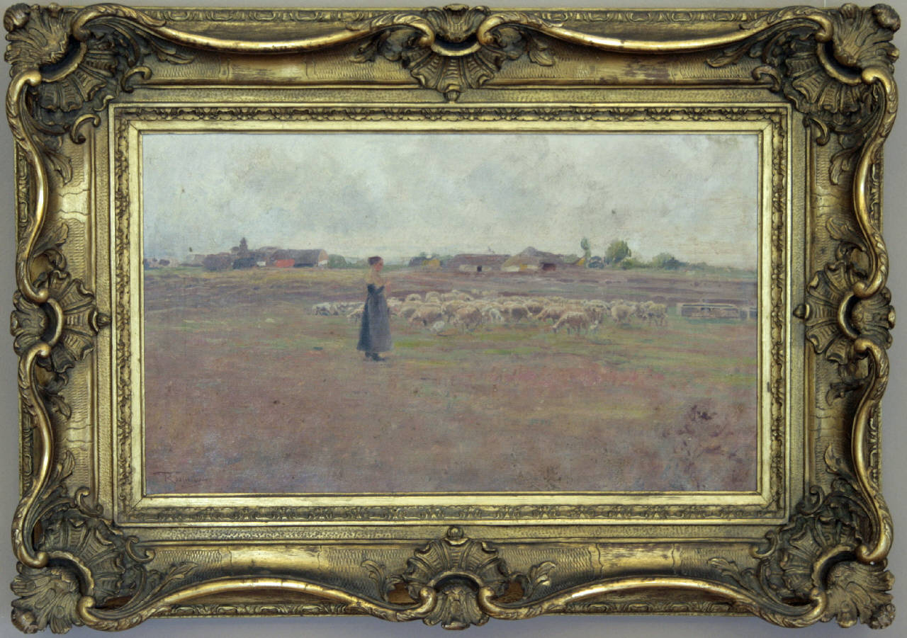 La paix du soir, paesaggio con donna e gregge di pecore (dipinto) di Rossano Federico (sec. XIX)