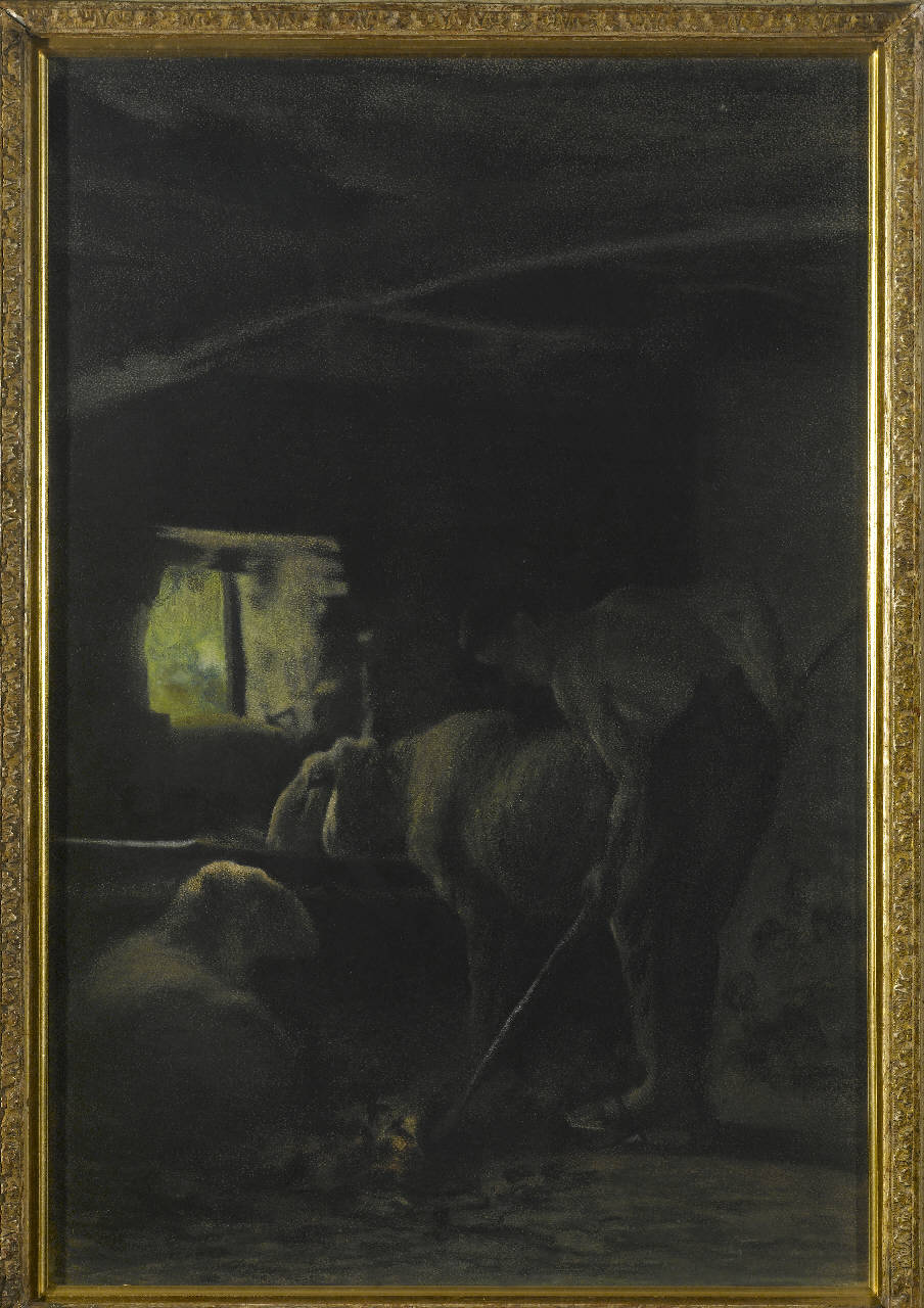 Nella stalla, interno di un ovile con figura e animali (dipinto) di Segantini Giovanni (sec. XIX)