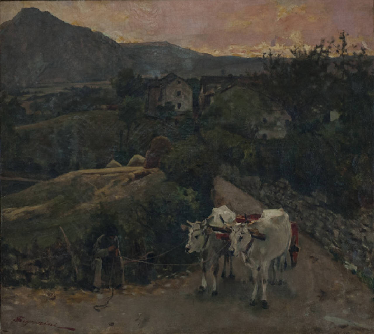 Buoi a Pietramala, paesaggio con contadino sulla strada e animali (dipinto) di Signorini Telemaco (ultimo quarto sec. XIX)