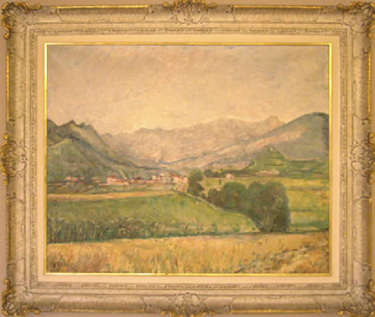 Vallata, paesaggio con alberi, case e montagne (dipinto) di Tosi Arturo (sec. XX)