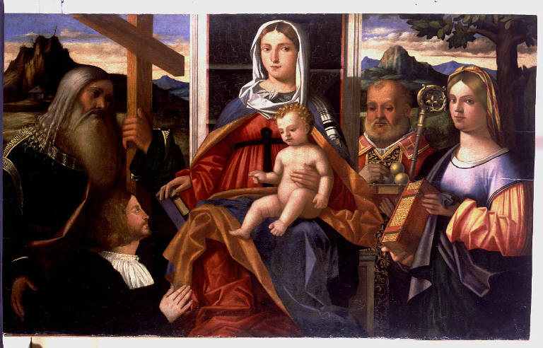 Madonna con Bambino, sant'Andrea, san Nicola di Bari, santa Caterina d'Alessandria e donatore (dipinto) di da Santacroce Francesco Rizzo di Bernardo (sec. XVI)