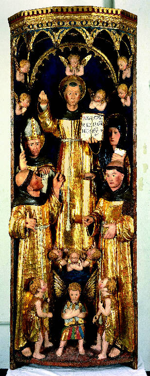 Gloria di san Bernardino da Siena con san Francesco d'Assisi, san Ludovico di Tolosa, santa Chiara e San'Antonio da Padova (scultura) di Scipioni, Jacopino (attribuito) (sec. XV)