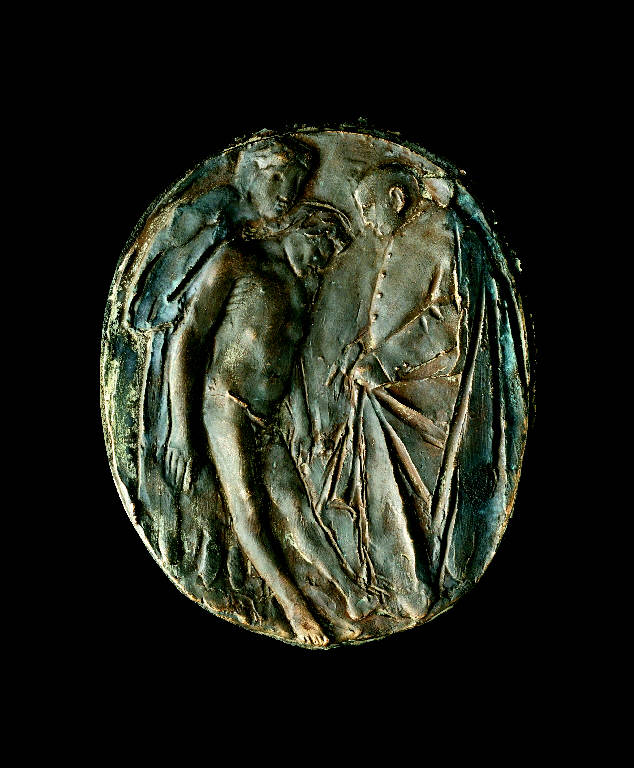 Deposizione di Cristo dalla croce con vescovo (medaglia) di Manzù, Giacomo (sec. XX)