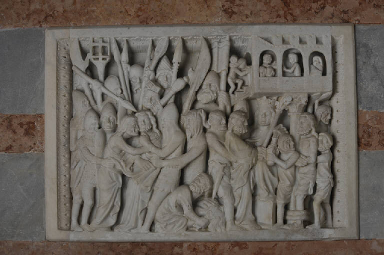 Cattura di Cristo, Gesù condannato a morte, Flagellazione di Cristo (rilievo) di Giovanni da Campione (bottega) (sec. XIV)