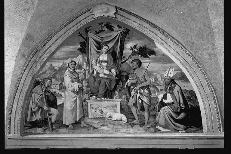Madonna con Bambino in trono, san Rocco, sant'Antonio di Padova, san Giovanni Battista e san Martino (dipinto murale) di Piazza, Callisto (secondo quarto sec. XVI)