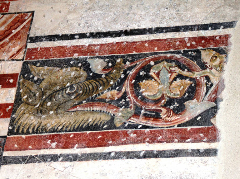 motivi decorativi vegetali e animali, figura antropomorfa (dipinto) - ambito bresciano (prima metà sec. XIV)